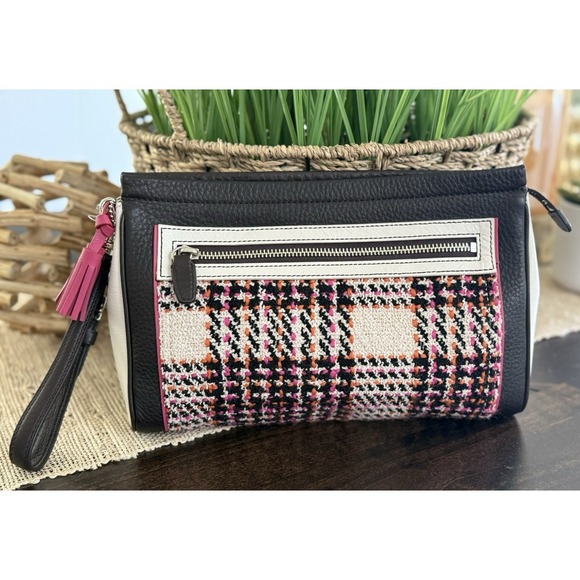 COACH LEGACY Color Block Brown Pebbled Leather Wool Pink Orange Plaid Clutch Bag - Picture 1 of 15
